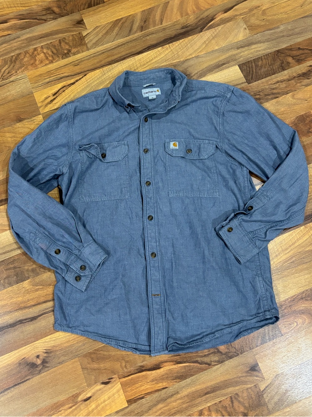 Carhartt blue denim utility workwear button-up flannel shirt